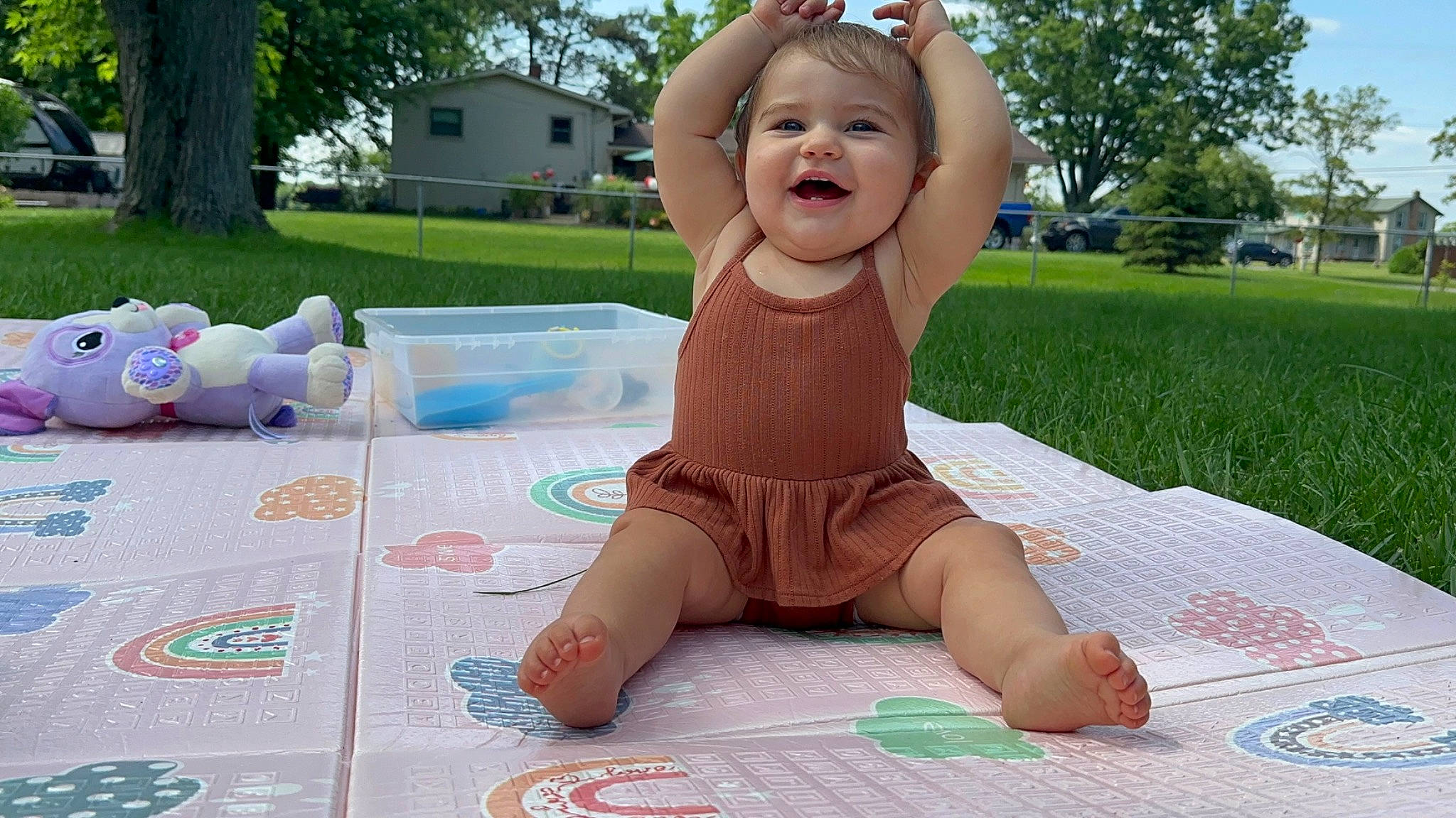 Amaya joined the competition — help win amazing prizes! child, finger, fun, grass, happy, head, human_leg, joy, knee, leg, leisure, person, pink, plant, recreation, shorts, smile, summer, thigh, toddler