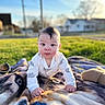 baby, infant, crawling, blanket, outdoor, grass, sunlight, face, head, expression, clothing, child, nature, yard, house, moawk, portrait, cute, young, daylight