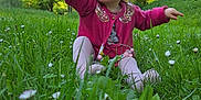 Zélia a rejoint le concours — aidez-le/la à gagner de superbes lots ! baby, casual_clothing, child, cute, daytime, flowers, grass, greenery, happy, meadow, nature, outdoor, park, pink_sweater, pointing, sitting, smiling, sunlight, toddler, trees