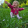 Zélia a rejoint le concours — aidez-le/la à gagner de superbes lots ! toddler, child, grass, meadow, flowers, pink_sweater, pointing, happy, outdoor, nature, greenery, sunlight, trees, smiling, sitting, cute, daytime, park, baby, casual_clothing