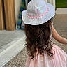 Quincy joined the competition — help win amazing prizes! bridal_accessory, brown_hair, cap, fashion_accessory, grass, hair_accessory, hairstyle, happy, hat, headgear, headpiece, magenta, neck, pattern, peach, pink, sleeve, street_fashion, sun_hat, toddler