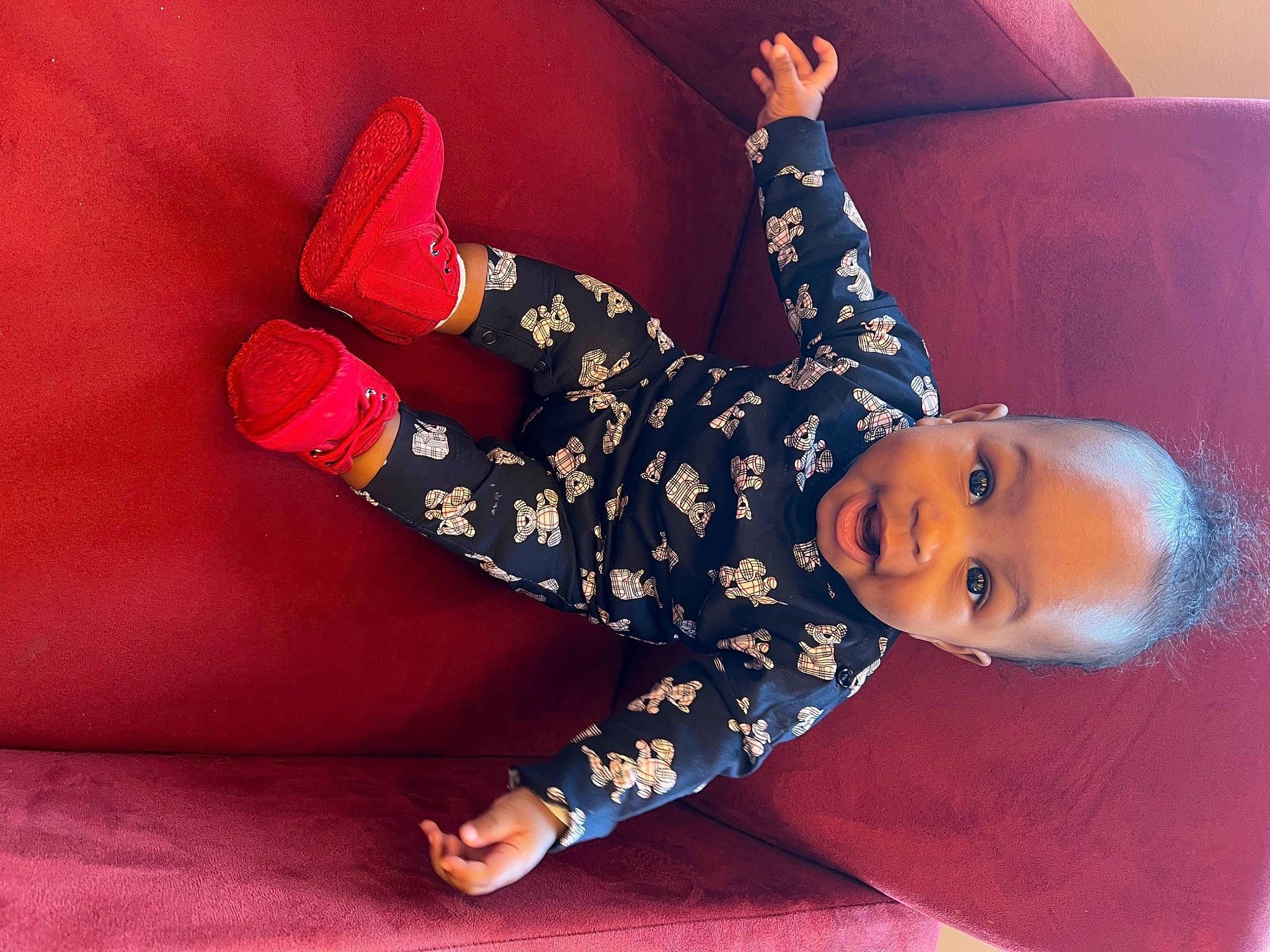 Caleb joined the competition — help win amazing prizes! baby_toddler_clothing, carmine, child, comfort, couch, finger, flooring, foot, happy, human_leg, knee, leg, magenta, pattern, person, pink, purple, sitting, sleeve, thigh