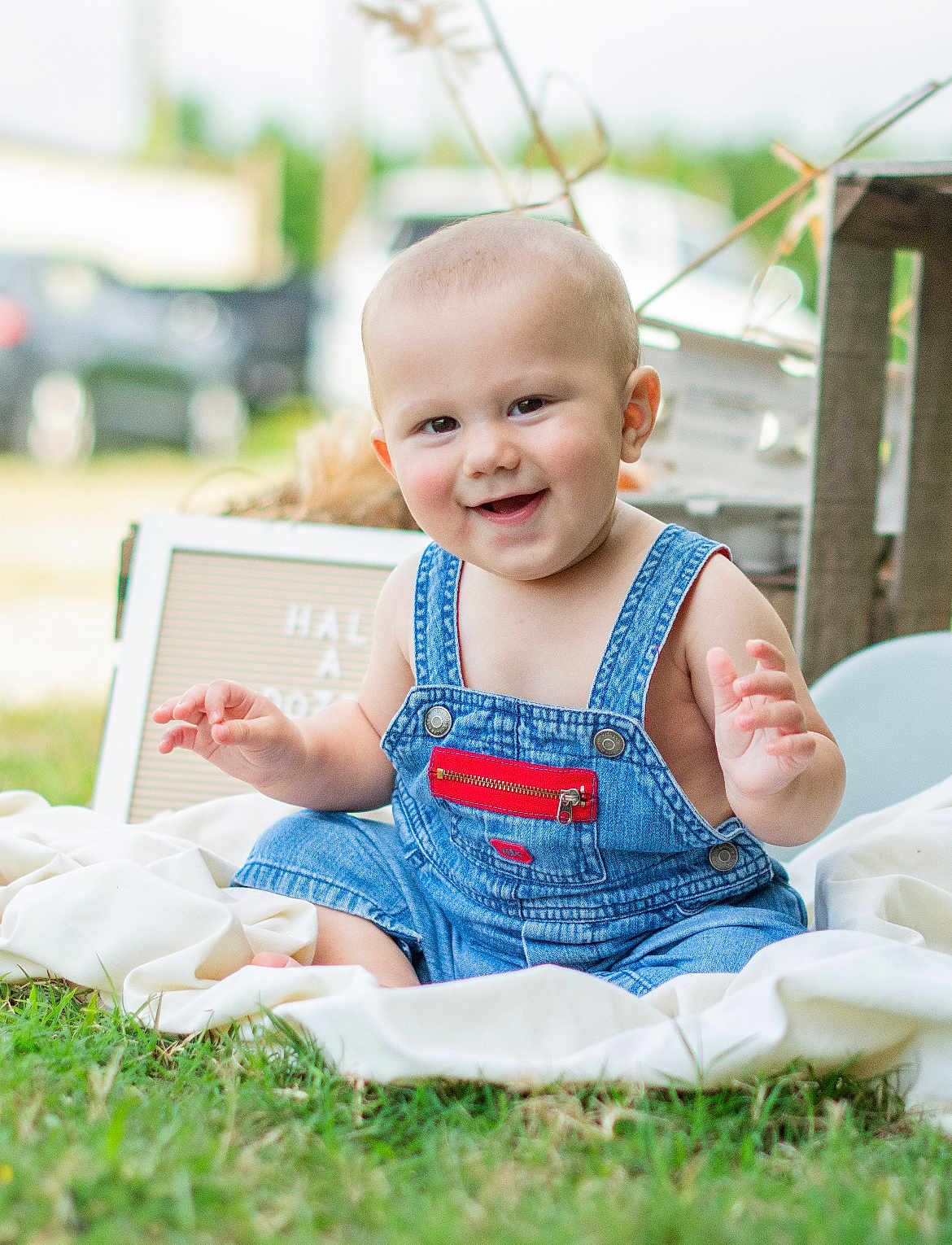 Preston joined the competition — help win amazing prizes! baby, denim_overalls, smiling, grass, blanket, outdoor, child, cute, happy, portrait, infant, sitting, face, person, casual_clothing, greenery, daylight, playful, young_child, red_zipper