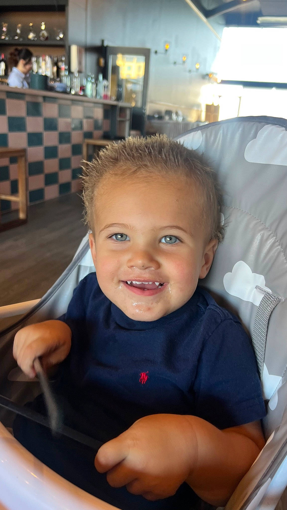 Henley joined the competition — help win amazing prizes! baby, baby_carriage, chair, cheek, child, chin, fun, gesture, happy, joy, leisure, lip, mouth, person, product, seat_belt, sitting, skin, smile, thumb