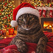 Fred is registered to the contest to win money with this photo: animal, cat, celebration, christmas, christmas_tree, cozy, cute, decorations, feline, festive, fireplace, holiday, indoor, pet, red_blanket, relaxed, santa_hat, stockings, tabby_cat, warm_lighting