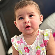 Alaia is registered to the contest to win money with this photo: baby, child, face, portrait, cute, expression, clothing, pattern, floral, bee, indoors, person, young, skin, head, eyes, mouth, sleeveless, soft_focus, infant