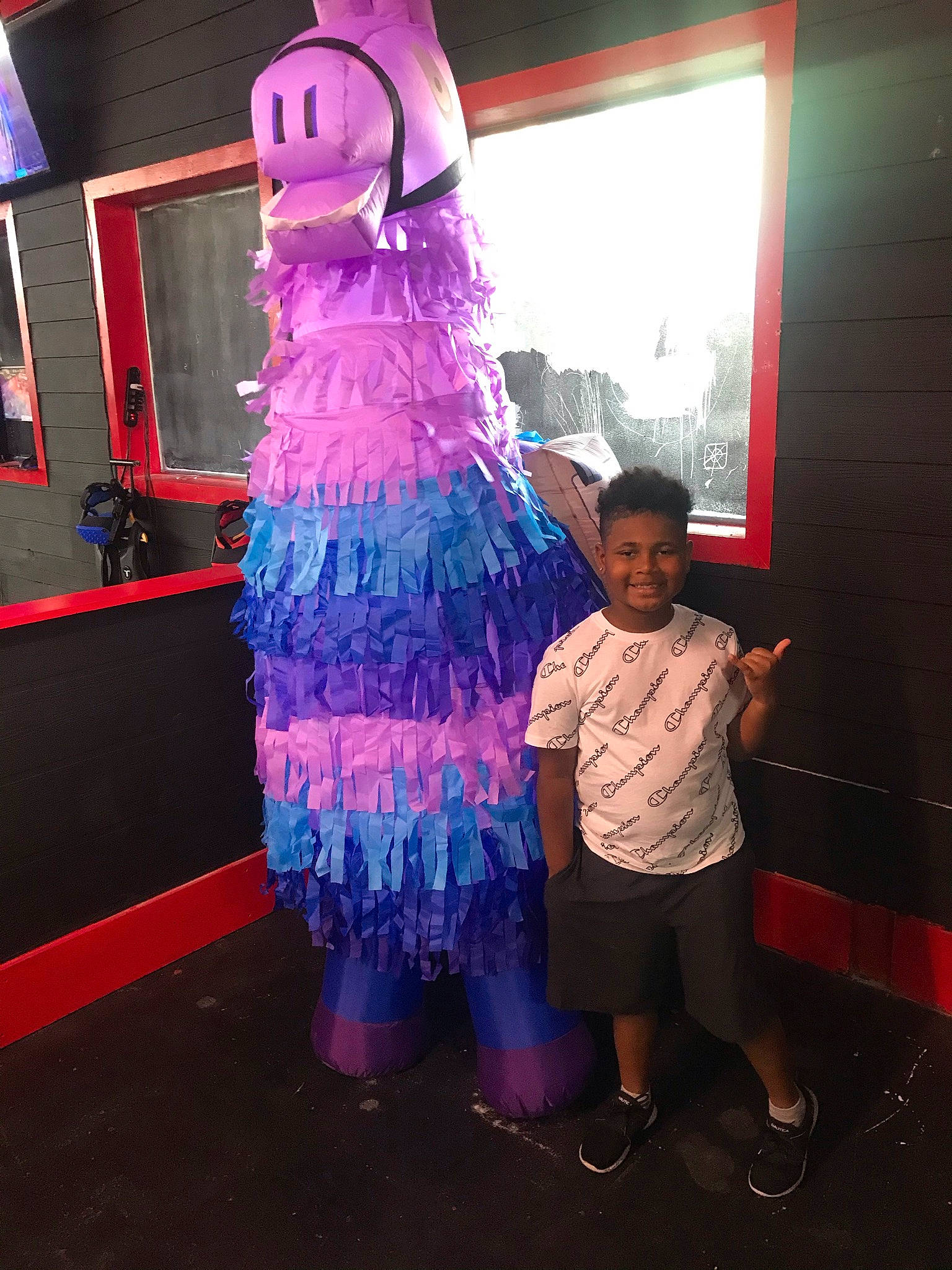 Jordan is registered to the contest to win money with this photo: art, costume, electric_blue, entertainment, event, fashion_design, fun, fur, joy, magenta, party_supply, performance_art, person, pink, purple, room, shorts, t_shirt, toddler, tourist_attraction