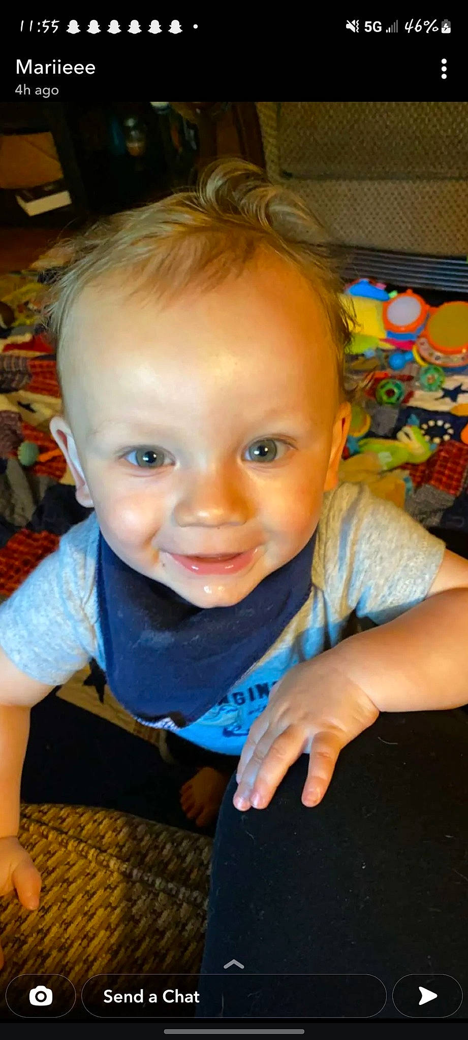 Emmy is registered to the contest to win money with this photo: baby_toddler_clothing, cheek, chin, cool, eye, eyelash, floor, flooring, hairstyle, happy, iris, joy, mouth, nose, organ, person, skin, smile, standing, t_shirt