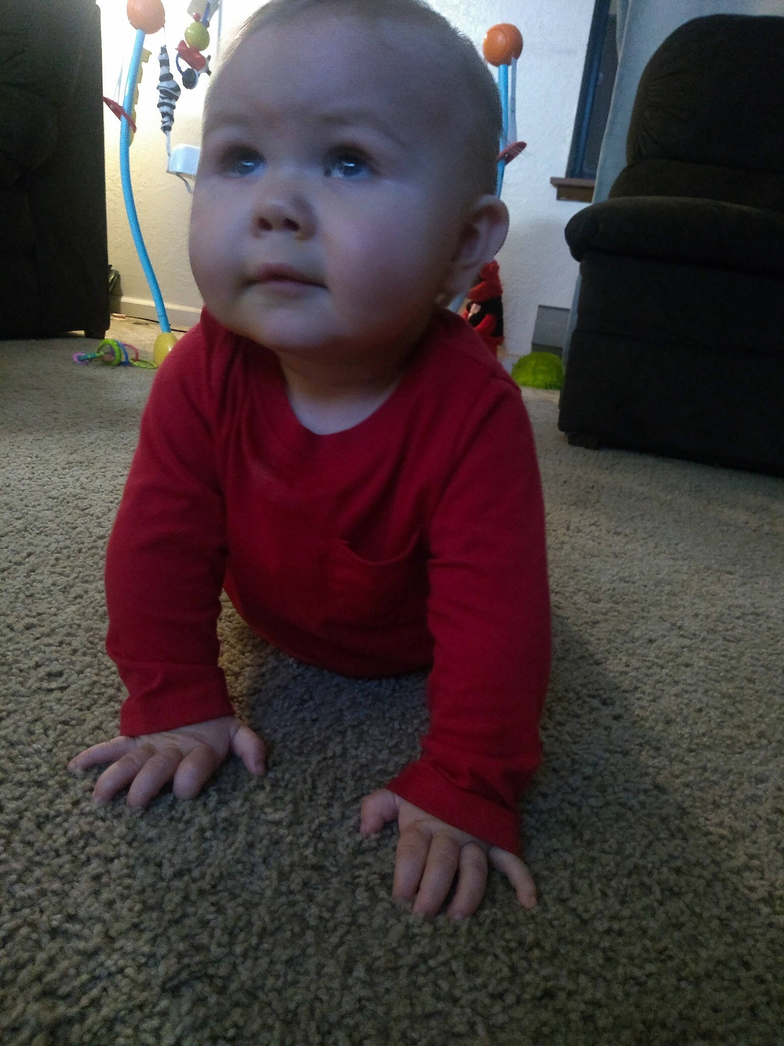 Cayson is registered to the contest to win money with this photo: baby, cheek, child, crawling, eye, face, floor, flooring, head, nose, person, sitting, skin, smile, toddler