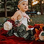 baby, bouquet, child, cute, dress, flower, grass, greenery, headband, infant, nature, outdoor, peaceful, portrait, red_blanket, seasonal, sitting, sunset, trees, young