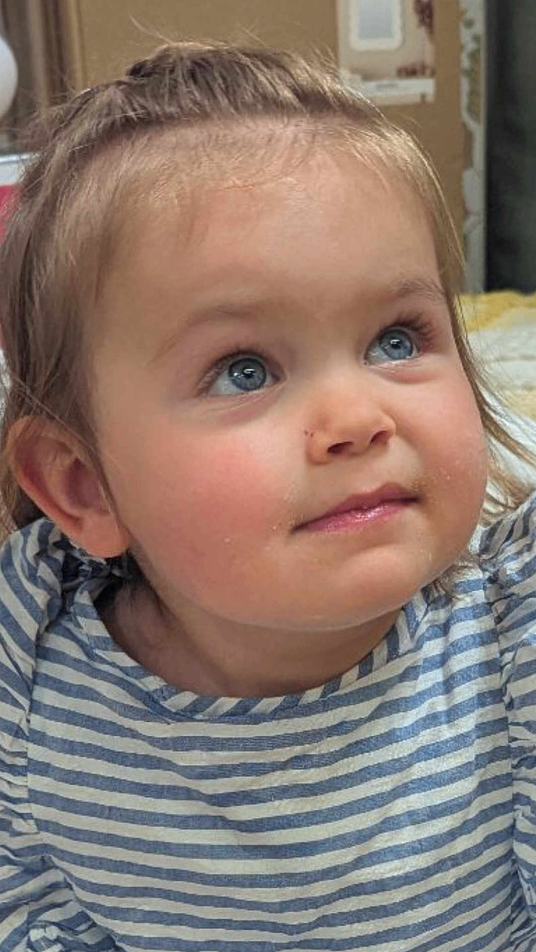 Lou participe au concours pour gagner de l'argent avec cette photo : toddler, child, face, blue_eyes, curious, innocent, striped_shirt, portrait, close_up, rosy_cheeks, young_child, indoor, looking_up, cute, person, baby, expression, hair, skin, clothing
