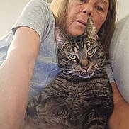Kudu joined the competition — help win amazing prizes! person, cat, tabby_cat, indoor, selfie, face, pet, animal, feline, human, closeup, portrait, casual, gray_shirt, resting, whiskers, fur, eyes, arm, lamp
