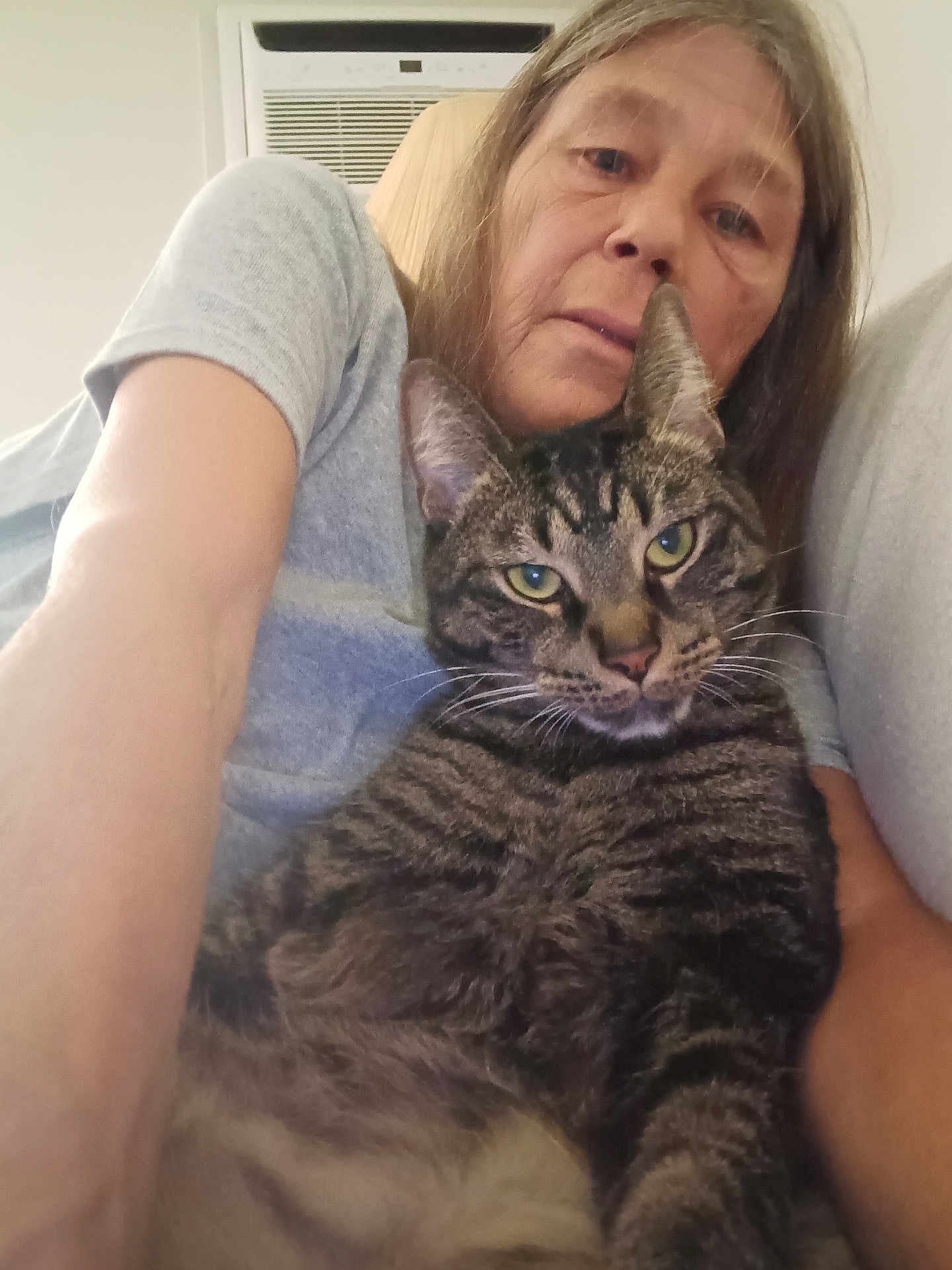 Kudu joined the competition — help win amazing prizes! person, cat, tabby_cat, indoor, selfie, face, pet, animal, feline, human, closeup, portrait, casual, gray_shirt, resting, whiskers, fur, eyes, arm, lamp