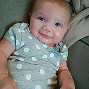 Serenity is registered to the contest to win money with this photo: baby, infant, smile, polka_dot, gray_clothing, couch, indoor, cheeks, happy, person, child, cute, small_hand, sitting, relaxed, cozy, young, portrait, casual, light