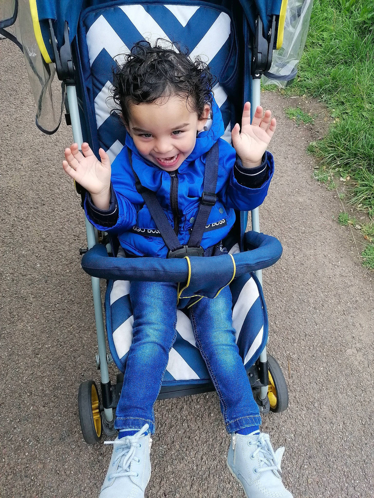 Kelson joined the competition — help win amazing prizes! baby, baby_products, baby_toddler_clothing, blue, chair, child, city, comfort, electric_blue, fun, grass, happy, leisure, person, recreation, shoe, sitting, smile, sneakers, toddler