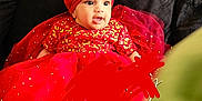 Nyra is registered to the contest to win money with this photo: baby, black_cushion, child, comfortable, couch, curious, cute, drool, face, floral_pattern, gold_dots, happy, indoors, person, portrait, red_dress, sitting, sparkles, turban, wallpaper
