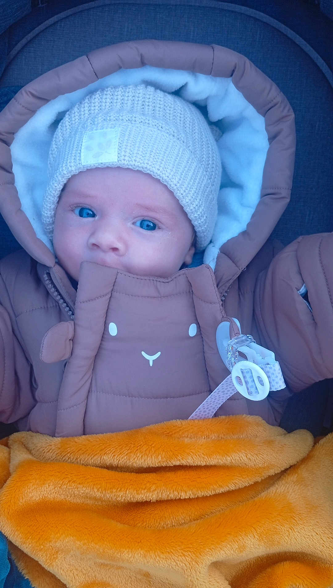 Lyssandro a rejoint le concours — aidez-le/la à gagner de superbes lots ! baby, child, blue_eyes, knitted_hat, brown_jacket, animal_face_design, orange_blanket, warm_clothing, curious_expression, infant, close_up, portrait, soft_texture, cute, winter_wear, sitting, pacifier_clip, baby_carrier, indoors, face