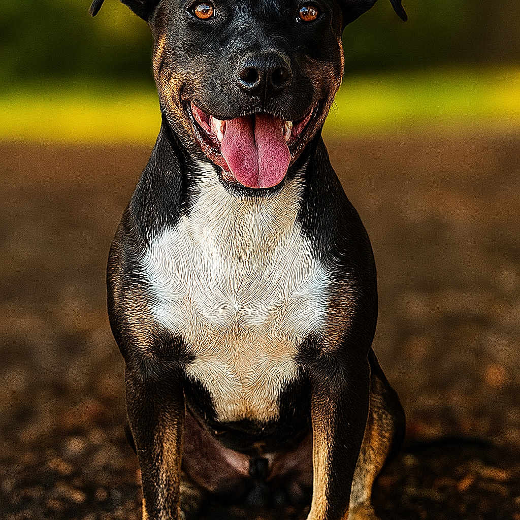 Kansas joined the competition — help win amazing prizes! animal, black_coat, brown_coat, canine, closeup, cute, dirt_path, dog, ears_up, friendly, fur, happy, mammal, nature, outdoor, pet, portrait, sitting, tongue_out, white_chest