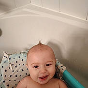 Michael is registered to the contest to win money with this photo: baby, bathtub, towel, child, smile, happy, water, skin, head, face, moisture, bath, infant, cute, indoors, person, plush, star_pattern, naked_upper_body, young