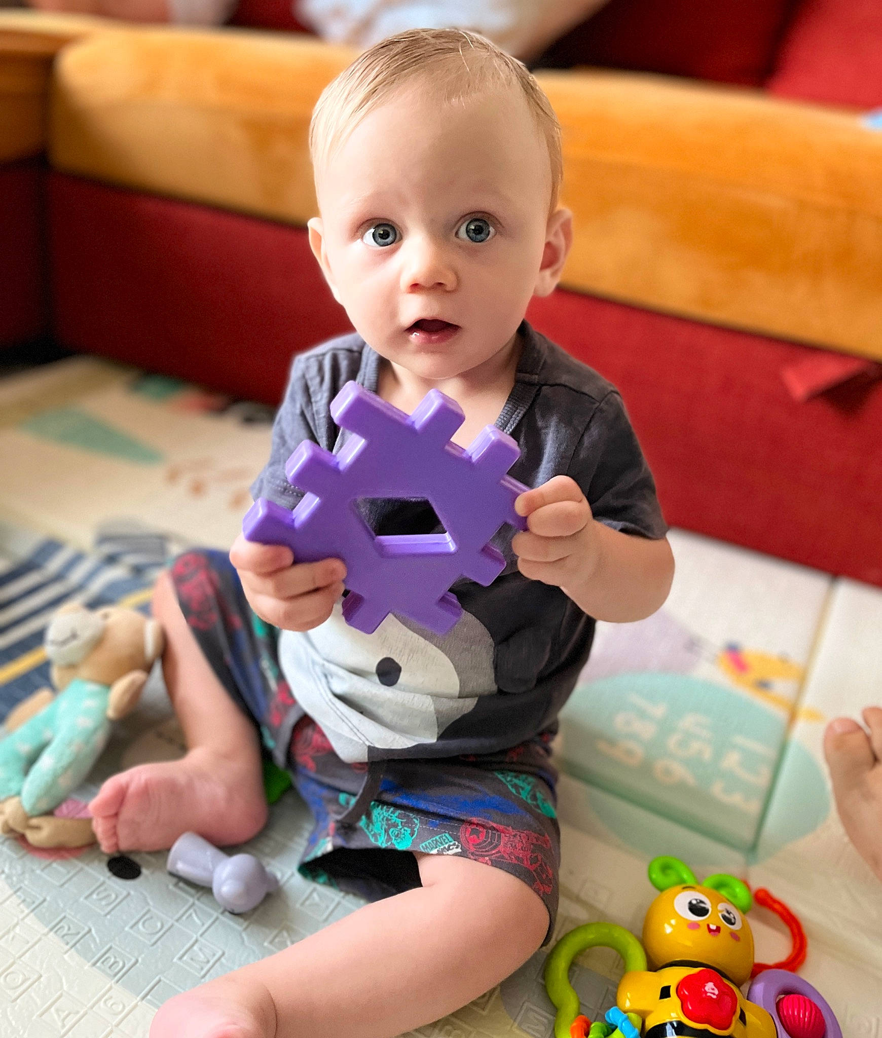 Mathias is registered to the contest to win money with this photo: baby, baby_toddler_clothing, child, event, eye, fun, hand, happy, head, leisure, person, pink, play, purple, skin, sleeve, stuffed_toy, surprise, thigh, toddler