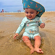 Gabriel participe au concours pour gagner de l'argent avec cette photo : toddler, child, beach, sand, water, splashing, sun_hat, swimwear, animal_print, happy, playing, summer, outdoor, sea, waves, fun, water_droplets, nature, vacation, sun_protection