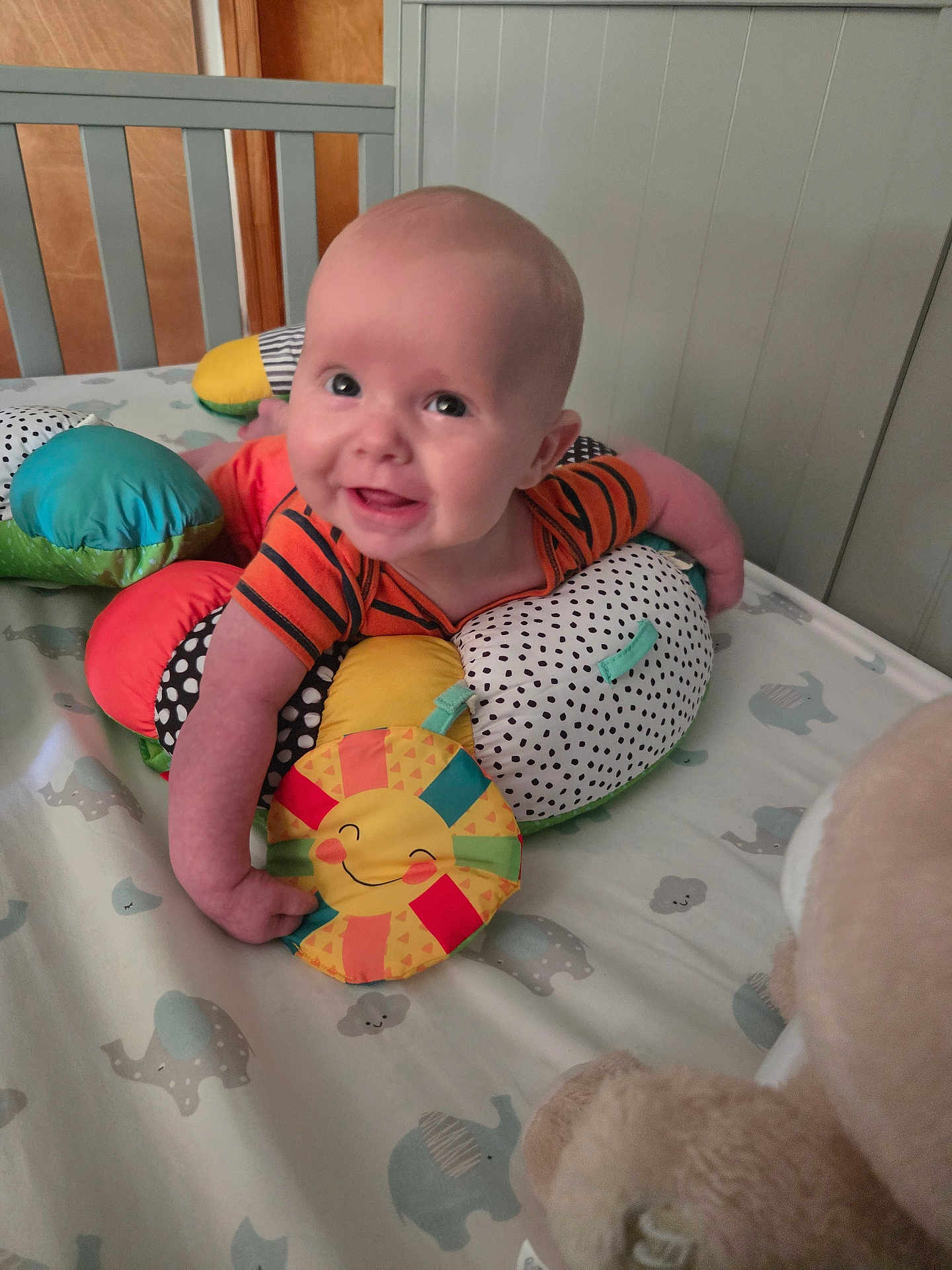 Vincent joined the competition — help win amazing prizes! baby, child, smiling, crib, pillow, plush_toy, colorful, polka_dots, elephant_pattern, bedding, infant, happy, cute, indoors, person, toy, orange_clothing, head, face, arm