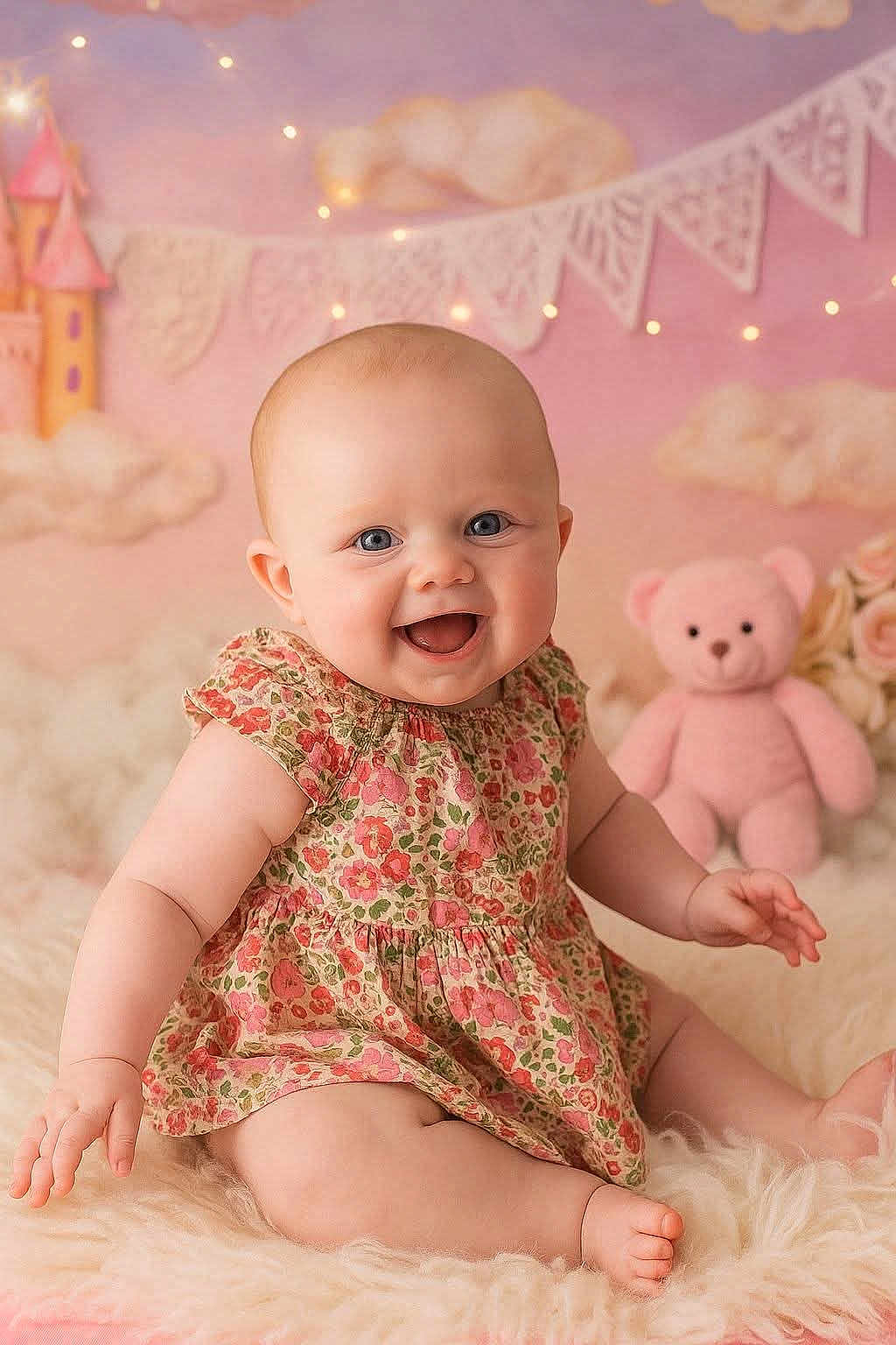 Eloane participe au concours pour gagner de l'argent avec cette photo : baby, smiling, child, floral_dress, pink_teddy_bear, soft_rug, pastel_background, clouds, twinkling_lights, cute, happy, portrait, indoors, sitting, infant, cheerful, plush_toy, decor, face, blue_eyes