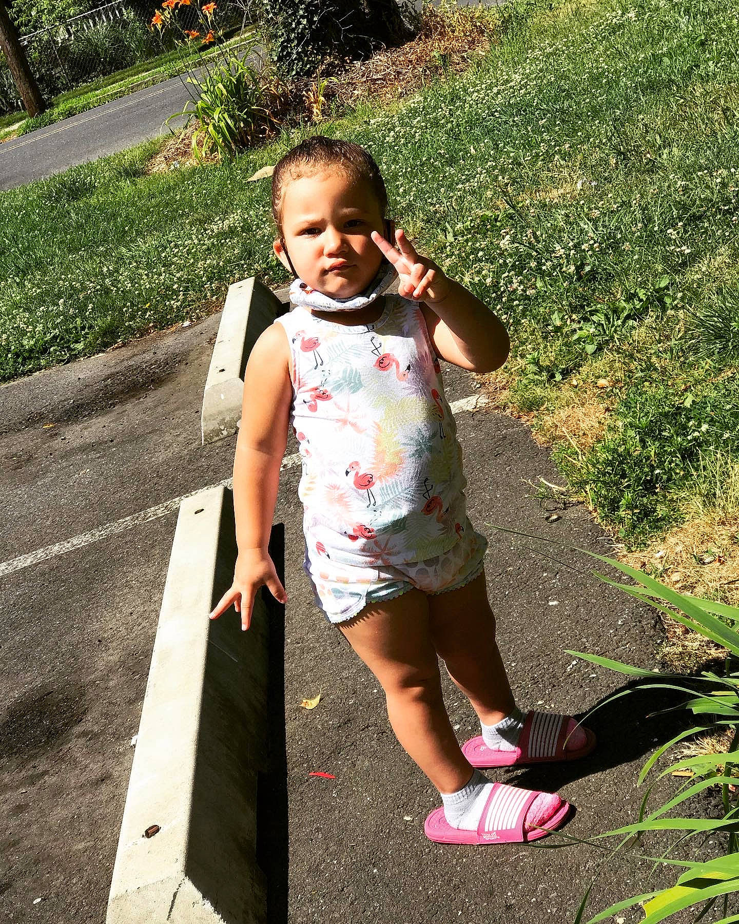 Elaya is registered to the contest to win money with this photo: child, fun, grass, leisure, person, pink, plant, play, shoe, smile, summer, toddler, tree, vacation