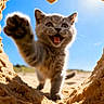 Blue participe au concours pour gagner de l'argent avec cette photo : kitten, cat, paw, sand, heart_shape, blue_sky, sunlight, outdoor, playful, animal, cute, feline, young, nature, daylight, closeup, happy, pet, mammal, adventure