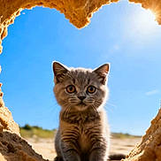 Blue a rejoint le concours — aidez-le/la à gagner de superbes lots ! kitten, cat, sand, heart_shape, blue_sky, sunlight, outdoor, nature, cute, animal, pet, closeup, curious, feline, fluffy, young, portrait, daylight, beach, playful