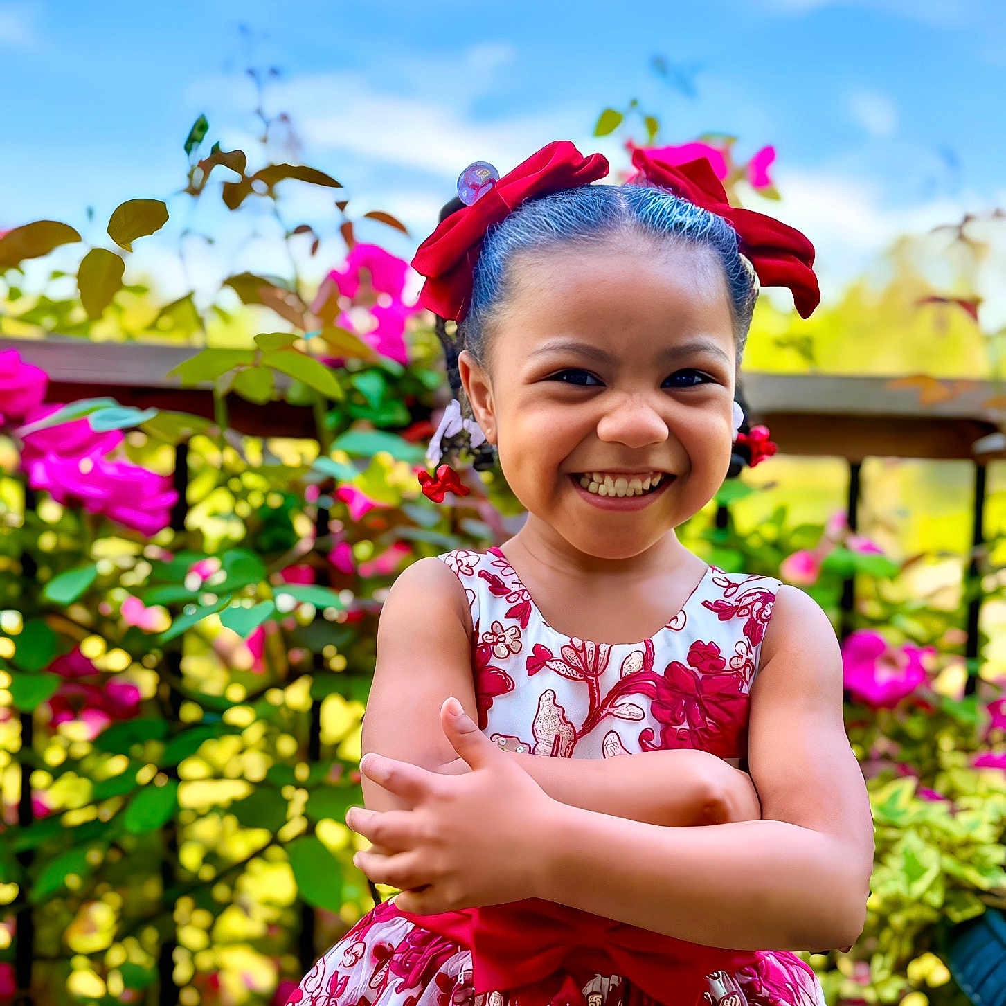 Mailynn is registered to the contest to win money with this photo: child, clothing, dress, face, female, flower, formalwear, girl, happy, head, laughing, leaf, outdoors, person, petal, photography, plant, portrait, purple, smile