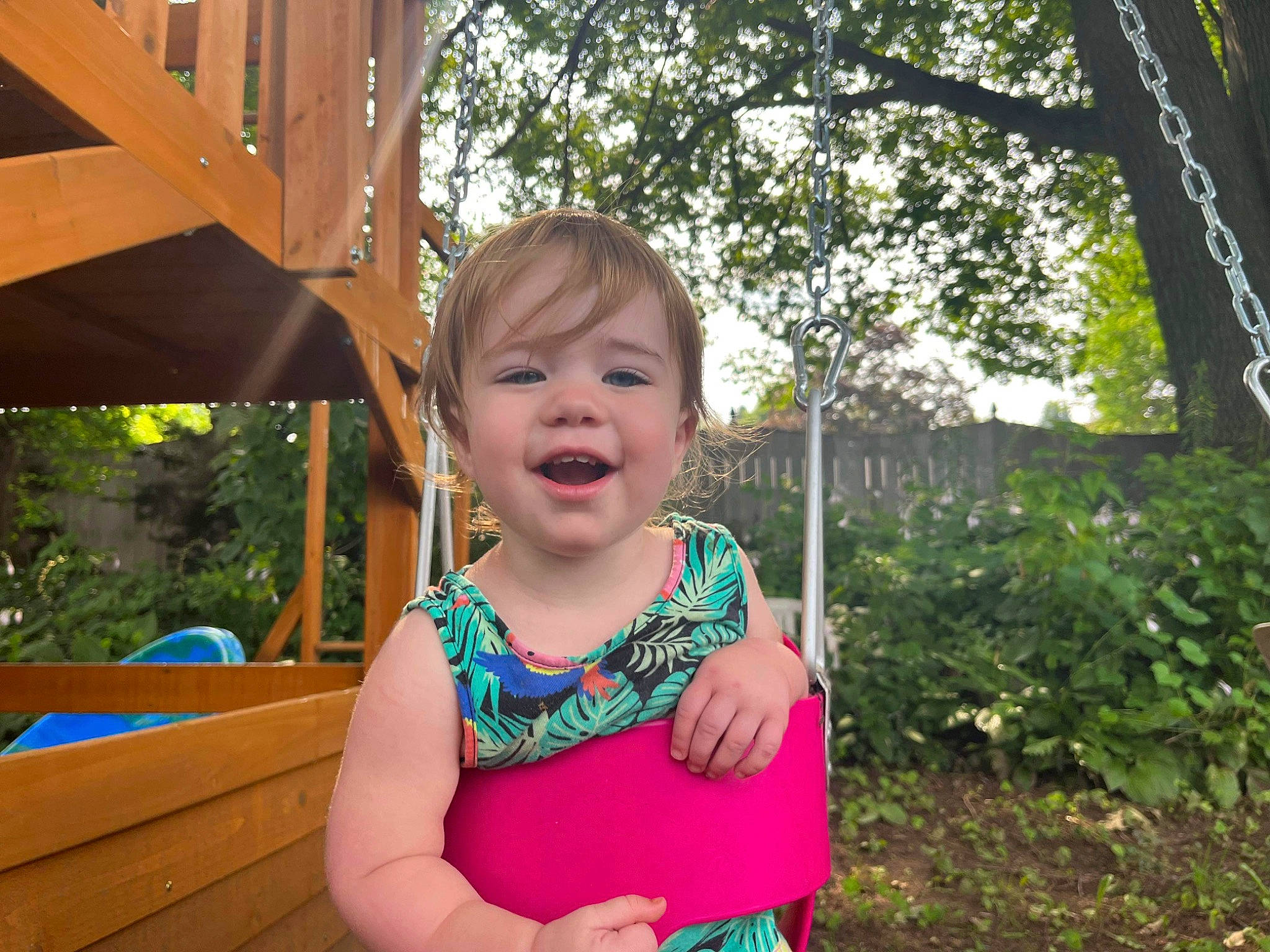 Ariella joined the competition — help win amazing prizes! baby, baby_toddler_clothing, child, fun, grass, happy, iris, leaf, leisure, outdoor_play_equipment, person, plant, playground, recreation, skin, smile, swing, t_shirt, toddler, tree