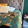 cat, bed, pillows, headboard, blanket, nightstand, plant, window, flower, indoor, furniture, relaxed, sleeping, pet, cozy, wood, green_wall, decor, room, household