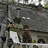 animal, cat, chimney, collar, curious, daylight, fence, flowers, garden, house, lamp, nature, outdoor, pet, plants, roof, sitting, stone_wall, tabby, window