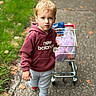 blond_hair, boy, candid, casual_clothing, child, close_up, daylight, grass, hoodie, leaves, new_balance, outdoor, path, portrait, serious_expression, shopping_cart, sidewalk, standing, sweatshirt, toddler