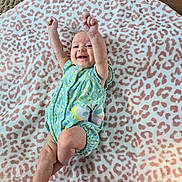 Delilah is registered to the contest to win money with this photo: baby, infant, smile, arms_up, romper, butterfly, blanket, leopard_print, happy, cute, lying_down, infant_clothing, child, person, skin, head, face, legs, fingers, indoors