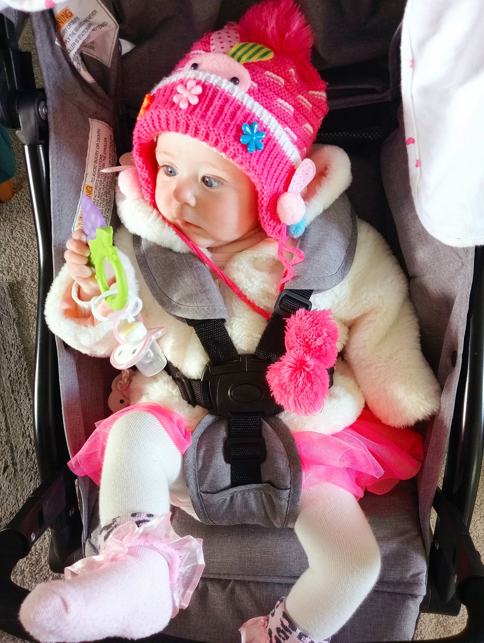 Chloe joined the competition — help win amazing prizes! baby, baby_carriage, baby_products, baby_toddler_clothing, beanie, cap, car_seat, child, costume, costume_hat, event, fashion_accessory, fictional_character, fur, headwear, knit_cap, magenta, person, pink, plant