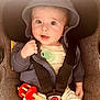 Tom participe au concours pour gagner de l'argent avec cette photo : baby, car_seat, child, clothing, comfort, cute, expression, face, hands, hoodie, indoor, infant, pacifier, portrait, seatbelt, sitting, toy, warm_lighting, wooden_toy, young_child