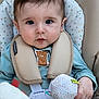 baby, baby_seat, blue_clothing, child, closeup, cushion, cute, expression, face, hand, infant, outdoor, pavement, polka_dot, portrait, seat, soft_toy, straps, toy, young