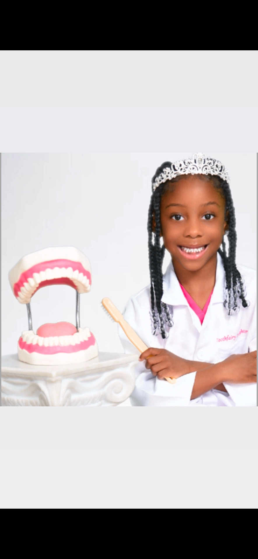 Toothfairy Daughter joined the competition — help win amazing prizes! child, girl, tiara, braided_hair, white_coat, toothbrush, dental_model, teeth, smile, portrait, education, healthcare, dentistry, happy, young, cute, oral_hygiene, indoors, toy, person