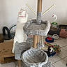 cat, white_cat, cat_tree, cat_toy, indoor, floor_tile, pet_toys, scratching_post, furniture, playful_cat, red_collar, household, pet_accessories, pet_play, multi_level, gray_color, standing_cat, curious_cat, home_interior, pet_environment