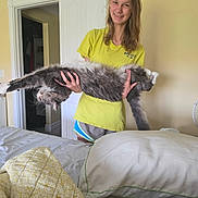 Skye is registered to the contest to win money with this photo: cat, person, smiling, indoors, bedroom, bed, blanket, pillow, door, yellow_shirt, long_hair, portrait, pet, fluffy, gray_fur, holding, standing, home, room, funny