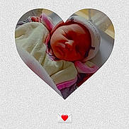 Saphira a rejoint le concours — aidez-le/la à gagner de superbes lots ! baby, newborn, sleeping, heart_shape, blanket, hat, infant, cute, peaceful, portrait, closeup, soft_lighting, pink, white, clothing, cozy, love, emoji, background, glitter