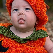 Gabriel joined the competition — help win amazing prizes! baby, child, pumpkin_costume, orange, white_pumpkin, halloween, autumn, outdoor, forest, portrait, face, tongue_out, blue_eyes, infant, costume, seasonal, fall, pumpkin, sitting, photography