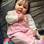 Brynleigh joined the competition — help win amazing prizes! baby, blanket, child, colorful, comfort, cute, face, footwear, hand, indoor, infant, lying_down, pacifier, pink_outfit, plush_toy, portrait, resting, sock, soft_texture, toy