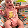 Ella joined the competition — help win amazing prizes! baby, infant, onesie, winnie_the_pooh, piglet, smiling, baby_seat, patterned, colorful, happy, child, indoors, cute, person, infant_clothing, playful, young, sitting, arm, legs