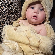 Liam joined the competition — help win amazing prizes! baby, infant, child, blanket, hood, towel, face, eyes, cheeks, mouth, portrait, soft_texture, furry_blanket, leopard_print, pattern, cuddly, warm, indoor, closeup, adorable