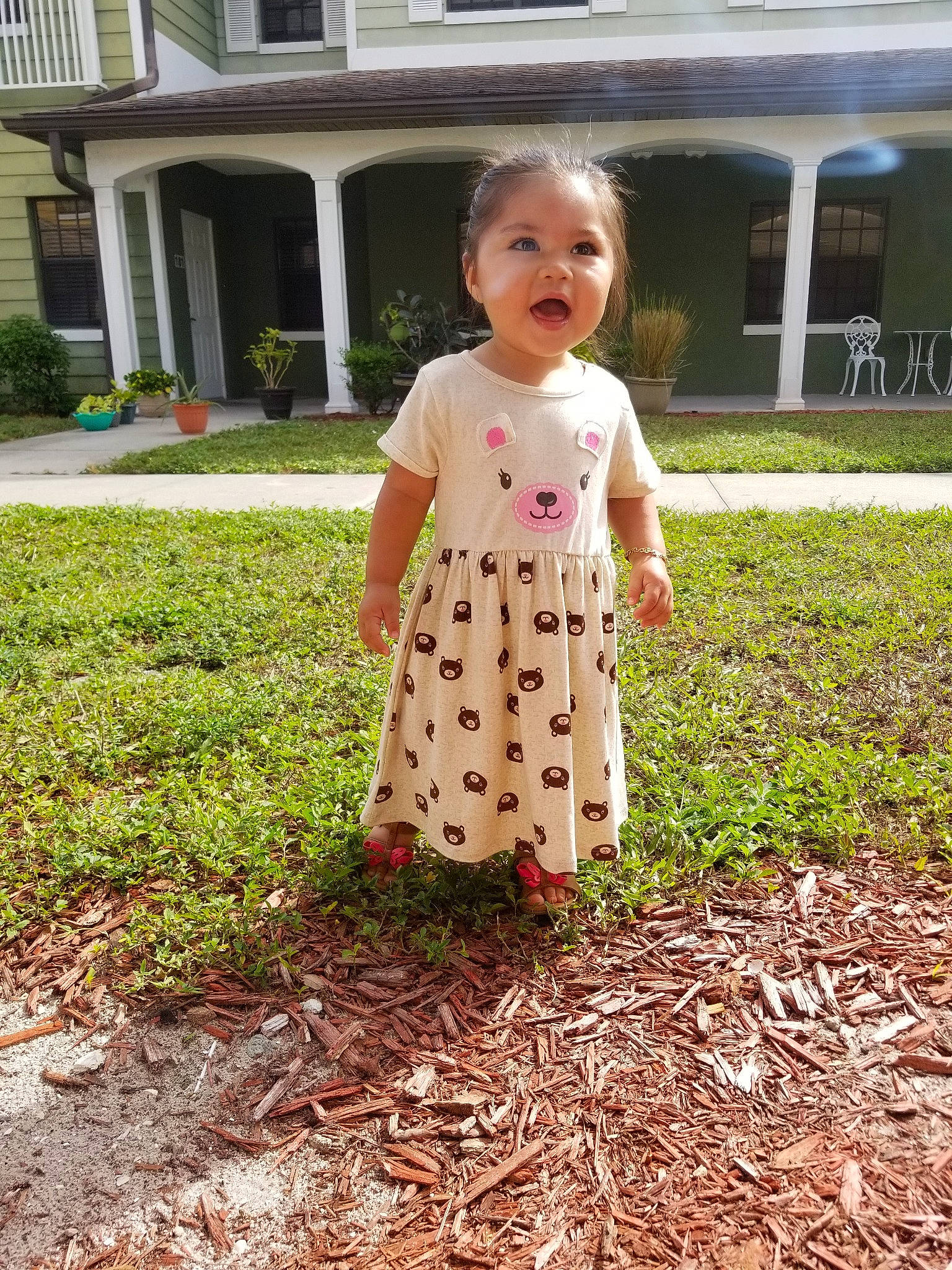 Annalise is registered to the contest to win money with this photo: adaptation, child, design, dress, grass, pattern, person, summer, toddler, yard