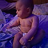 baby, infant, child, sitting, pacifier, diaper, bed, bedroom, blanket, bedding, portrait, profile, face, skin, head, arms, legs, indoor, purple_lighting, home