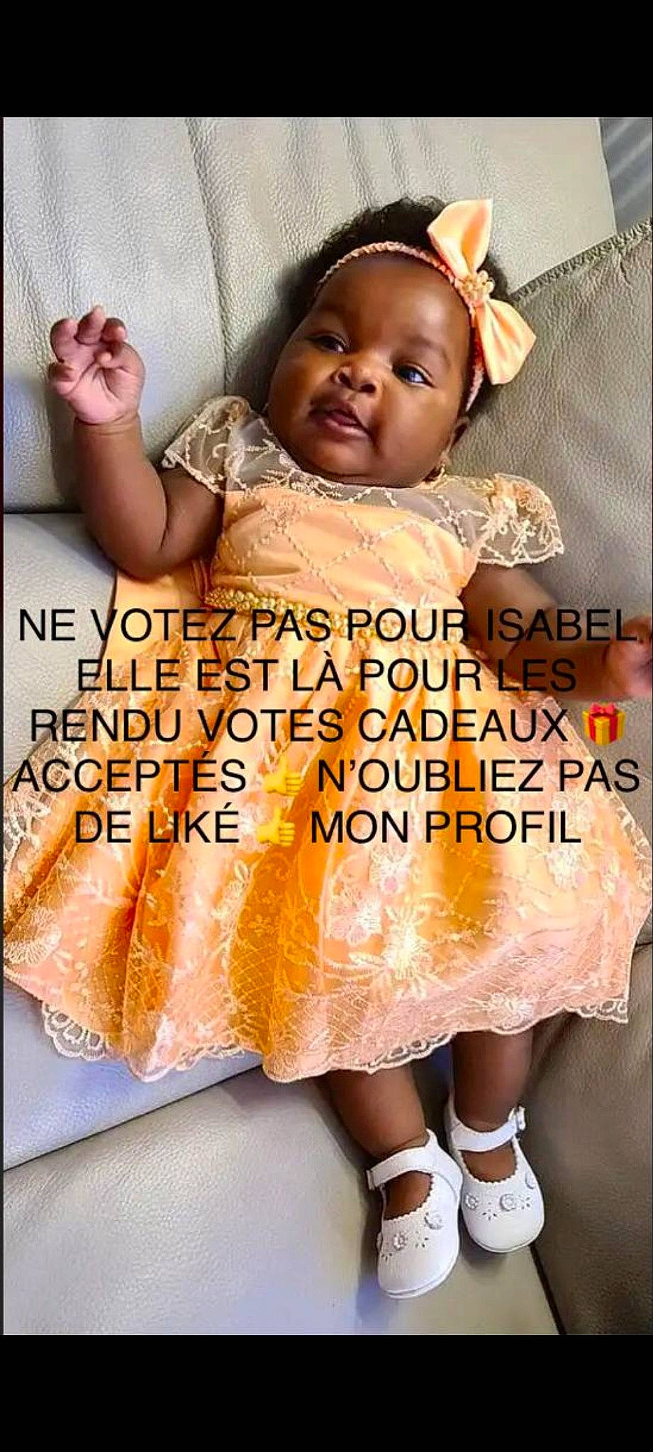 Isabel a rejoint le concours — aidez-le/la à gagner de superbes lots ! baby, baby_toddler_clothing, child, fashion_design, font, hairstyle, happy, human_leg, leg, linens, orange, pattern, person, photograph, pink, sleeve, smile, textile, thigh, toddler